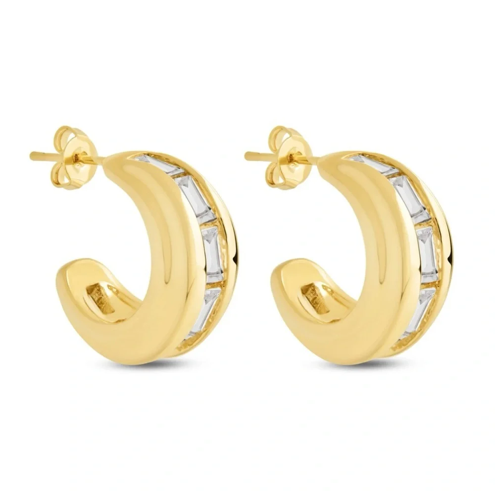Gold 14k Plated Hoop Huggie Earrings Baguette Nola Cubic Zirconia Chic Modern